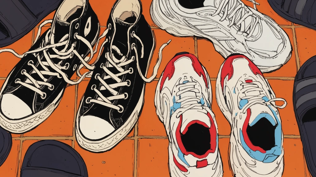 top-down 2D illustration of scattered shoes on an orange tiled floor, black and white high-top canvas sneakers with tangled white laces, white chunky athletic sneakers, white and red chunky sneakers with light blue accents, dark slide sandals partially visible at the edges, distinct black ink outlines, flat comic book style coloring, bird's-eye perspective, tight framing, casual messy arrangement, square orange floor tiles with dark grout