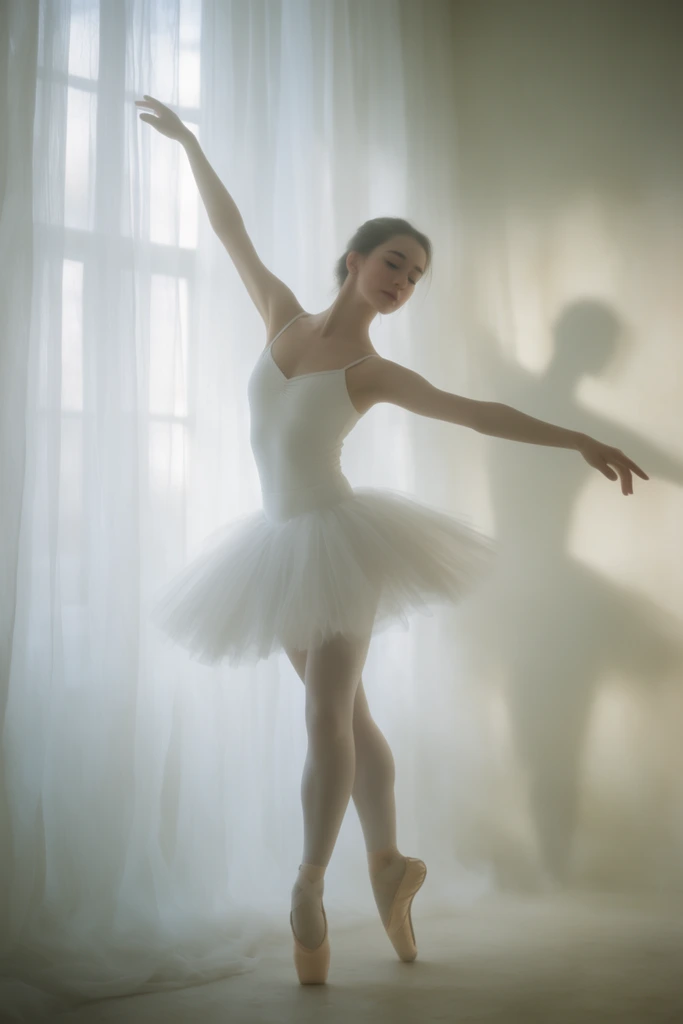 ballet dancer en pointe, white leotard and tutu, arms gracefully extended, sheer white curtains, soft diffused natural light, hazy ethereal atmosphere, blurred shadow on a pale wall, soft focus