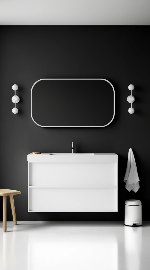 minimalist bathroom interior, floating white vanity, dark charcoal wall, wide rounded mirror, twin sconces, wooden stool, white pedal bin, hanging towel, reflective light floor, high contrast contemporary design