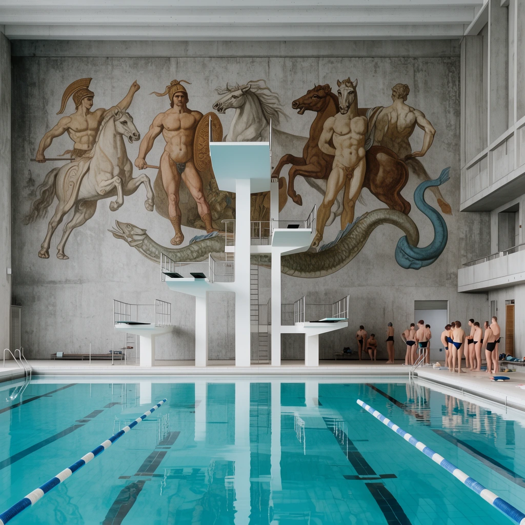 Clear turquoise pool water reflects a towering white diving platform and floating lane dividers. An expansive grey concrete wall forms the backdrop, displaying a classical mural of muscular warriors, horses, and a winding sea creature in muted earth tones. Small figures in swimwear gather on the right deck beneath stark architectural lines and diffused lighting.