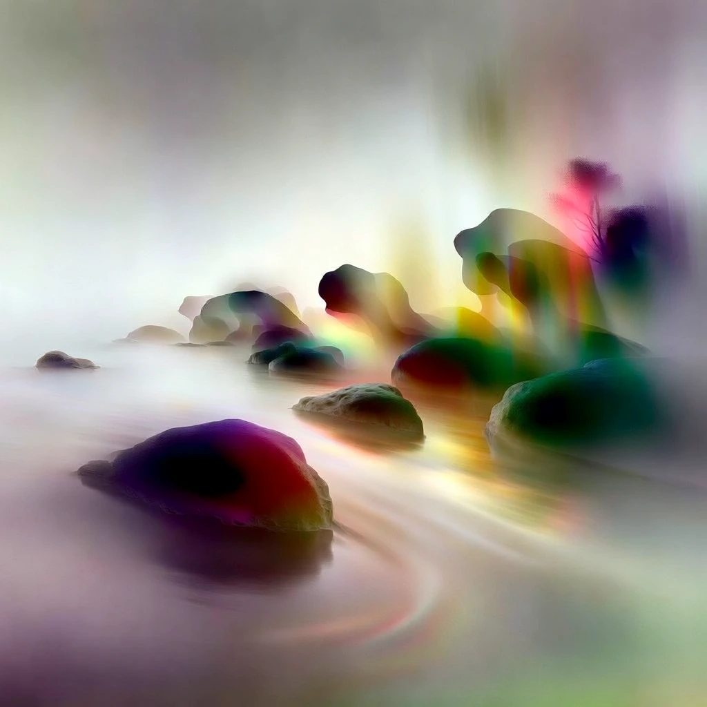 wide flowing river, large smooth boulders, dreamlike ethereal style, soft focus, heavy motion blur, translucent color gradients, vibrant magenta, cyan, yellow, green, glowing chromatic aberrations, hazy atmospheric light, high-key neutral background, minimalist composition, long exposure effect, fluid shimmering water, radiant silhouettes of rocks blending into light, diffused luminous aesthetic, prismatic glow, ethereal abstraction, chromatic diffusion, organic forms.