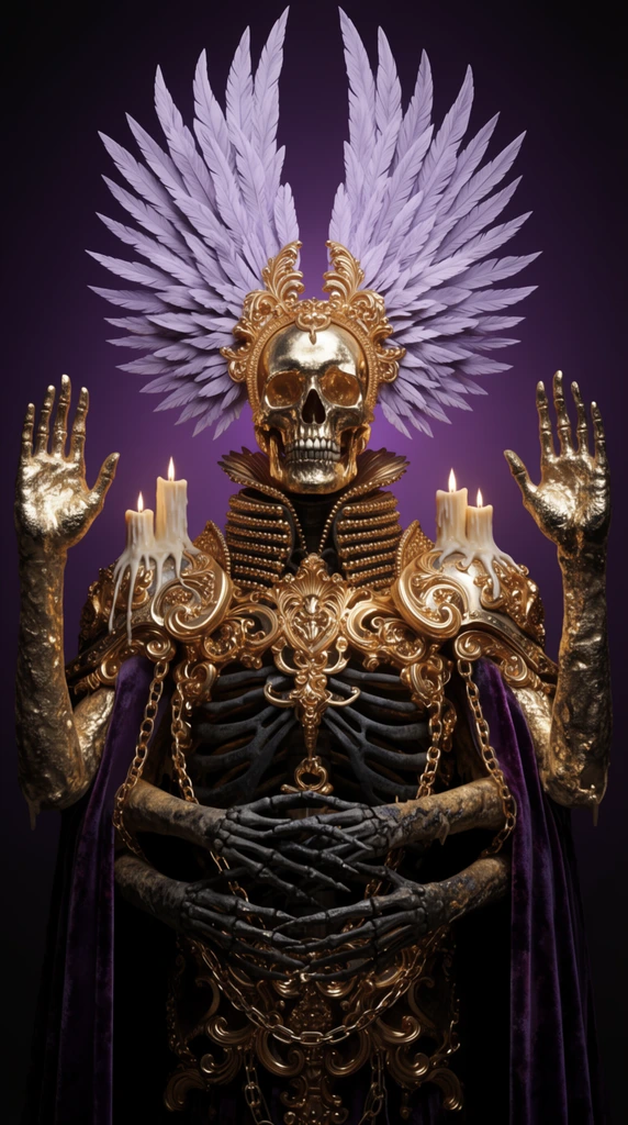A hyper-realistic render of a four-armed skeletal figure in opulent golden baroque armor against a dark violet gradient background. The skull is crowned by a massive symmetrical headdress of pale purple feathers radiating like wings. Two textured metallic arms are raised with palms outward, while lower skeletal hands interlock over a dark ribcage encased in intricate gold filigree, chains, and a tiered collar. Melting candles rest on the shoulders above a draped purple velvet cape. Dramatic lighting accentuates high-contrast metallic reflections and ornate macabre textures.