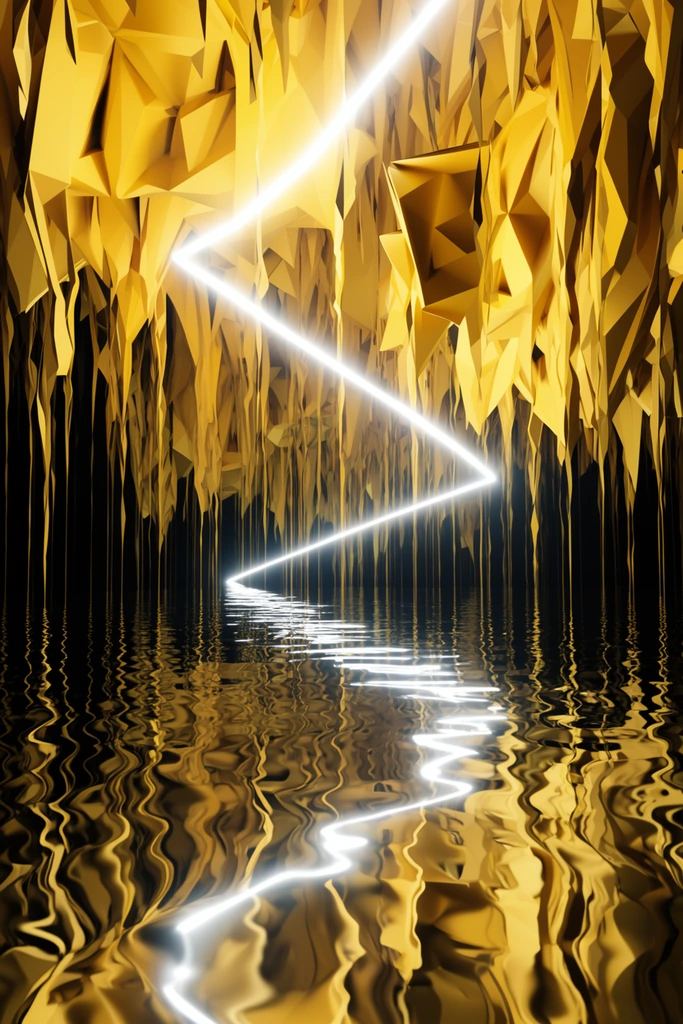 A surreal abstract landscape features a dense canopy of jagged golden-yellow geometric structures suspended over a dark, highly reflective rippling liquid. The hanging low-poly formations resemble angular stalactites tapering into thin vertical strands. Piercing dynamically through this golden forest is a brilliant glowing white zigzagging line, forming a luminous path into the distance. Dramatic lighting contrasts the vivid gold and stark neon white against a deep black void. The fluid surface perfectly mirrors the chaotic overhead geometry and the glowing energy trail.