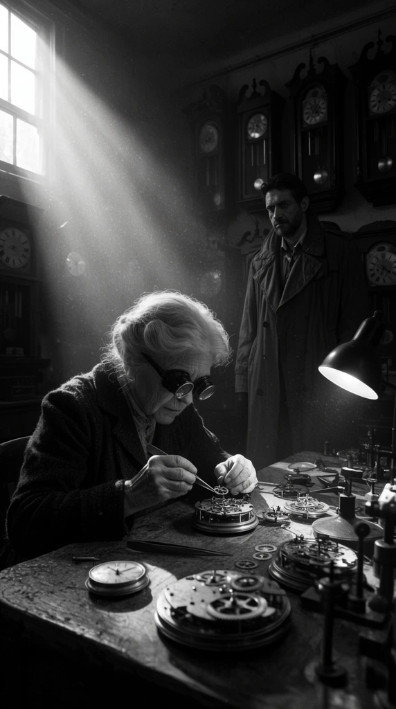 A high-contrast black and white cinematic shot captures a dimly lit watchmaker's workshop pierced by a thick shaft of volumetric light from a high left window. Bathed in the bright ray, an elderly woman in magnifying goggles leans over a wooden workbench, using tweezers to assemble intricate clockwork gears. In the deep background shadows, a tall man in a heavy trench coat leans against a wall of grandfather clocks. The composition utilizes a low, dramatic camera angle to emphasize the floating dust motes and intense chiaroscuro lighting, creating a deeply moody, suspenseful atmosphere.