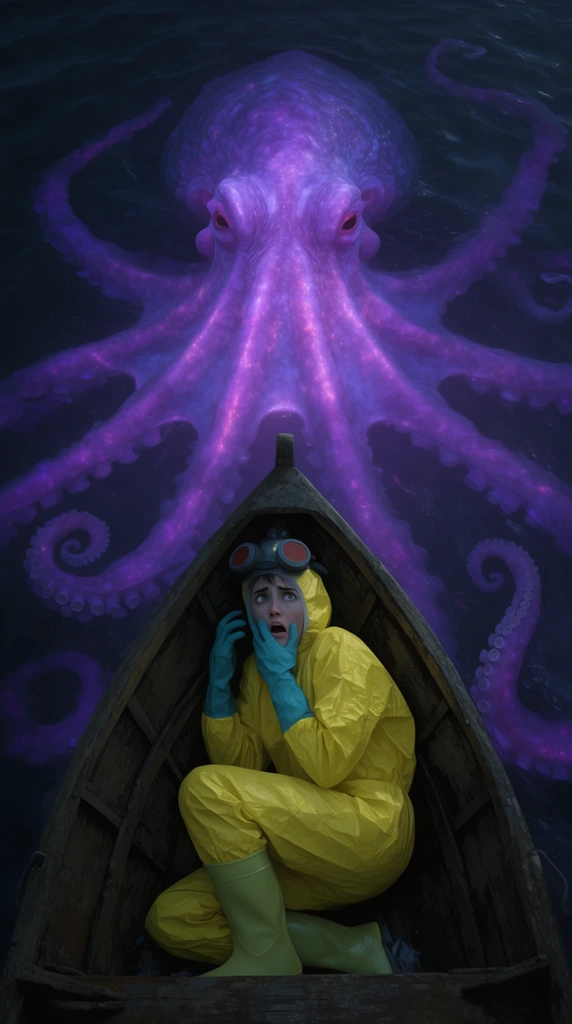 terrified female in yellow hazmat suit cowering in wooden boat, giant glowing purple octopus lurking beneath dark water, top-down view, cinematic surreal horror