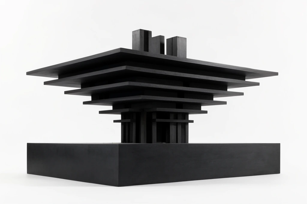 A minimalist black architectural model features a top-heavy, tiered brutalist structure against a pure white background. Wide, cantilevered horizontal planes and vertical pillars are stacked above a solid rectangular base in a matte dark finish under clean studio lighting.
