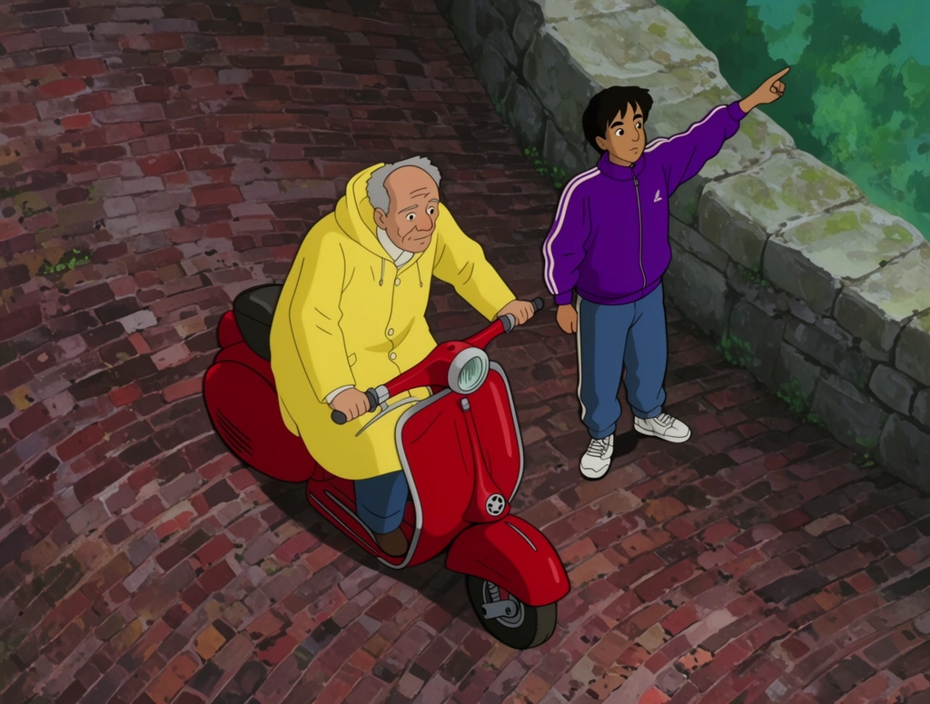 High-angle 2D animation cel of two figures on a steep, curving brick path. An older man in a yellow raincoat balances a vintage red scooter, looking down the slope. Beside him, a teenager in a purple track jacket stands near a low stone wall, pointing toward the sky. The scene features flat, vibrant character coloring contrasting against detailed, hand-painted textures of the weathered brickwork.