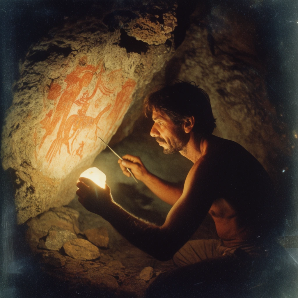 A bare-chested man crouches inside a dark cave, illuminating reddish-orange rock paintings with a brilliant, warm light held in his left hand. His right hand grasps a slender tool poised near the illuminated stone. Dramatic chiaroscuro lighting highlights his focused profile and the rugged cave walls. The composition exhibits a vintage, high-grain analog film aesthetic with deep shadows, subtle light leaks, and a heavy dark vignette enclosing the intimately lit subterranean scene.