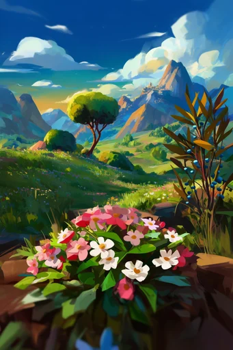 Vibrant Whimsical Painterly style reference image — saturated landscape