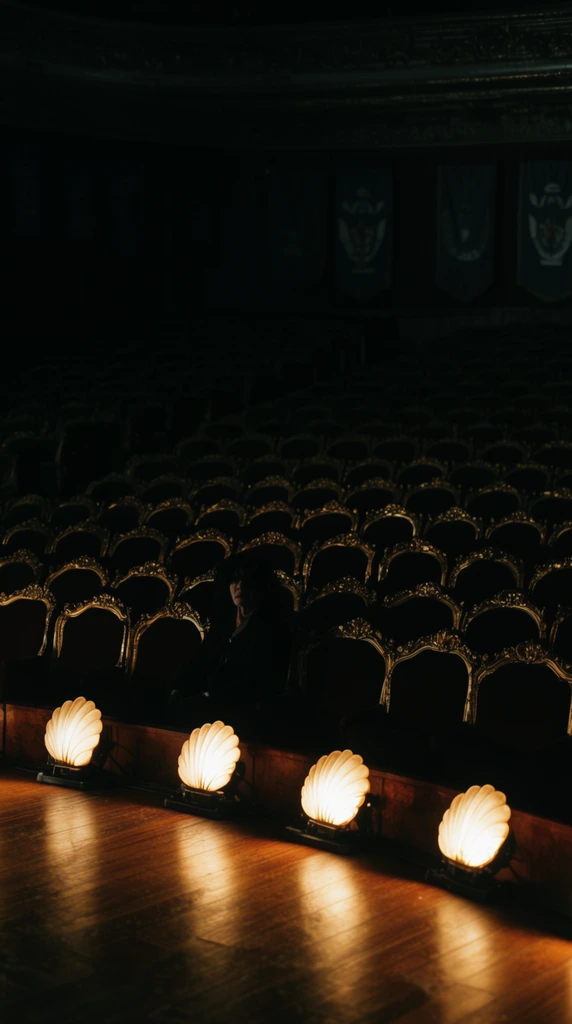 dark empty theater auditorium viewed from the stage, glowing shell-shaped footlights casting warm light on a polished wooden floor, solitary obscured figure seated in the dark audience, rows of ornate gold chairs fading into pitch-black shadows, faint banners in the distant background, dramatic low-key lighting, high contrast chiaroscuro, cinematic wide shot, melancholic theatrical atmosphere