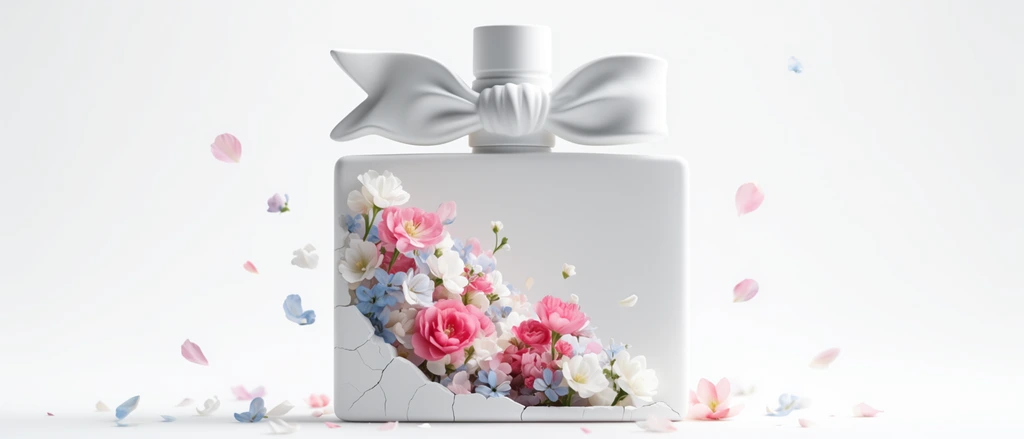 A pure white rectangular perfume bottle with a sculpted bow cap sits against a pristine white background. Its matte shell is cracked on the bottom left, revealing a dense, vibrant cluster of pink, white, and pale blue flowers blooming from inside. Scattered petals float around the bottle in soft, high-key studio lighting, contrasting the minimalist exterior with the lush floral interior.