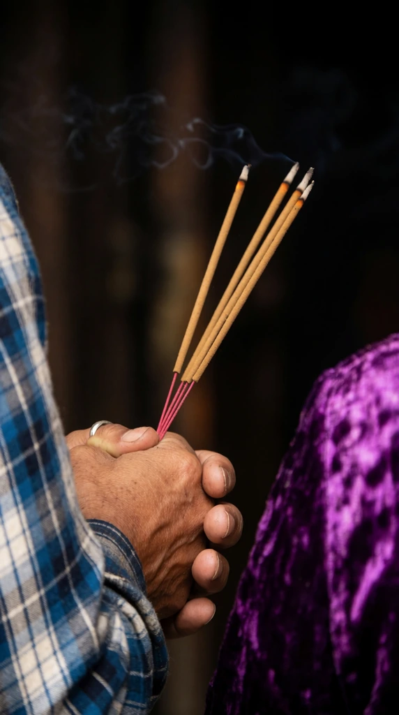 Clasped hands hold four lit incense sticks in a tight close-up, faint smoke rising into a dark, out-of-focus background. A simple silver band adorns the left ring finger. The hands belong to a partially framed figure on the left wearing a blue and white plaid shirt. On the right, another person is partially visible wearing a shimmering crushed purple velvet garment. Shallow depth of field and dramatic lighting draw sharp focus to the glowing orange embers and the contrasting textures of rough plaid, detailed skin, and smooth velvet.