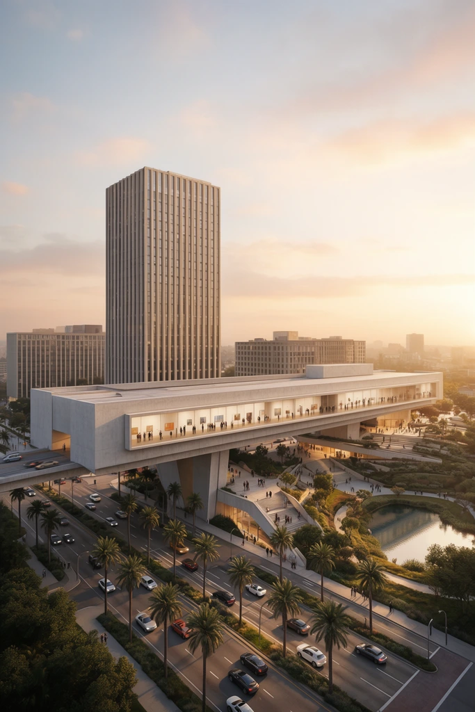 A photorealistic architectural rendering of an expansive urban complex during golden hour. A massive, elevated horizontal building made of light grey concrete with continuous ribbon windows spans dramatically across a busy multi-lane street lined with palm trees and cars. Supported by heavy pylons, the elevated structure reveals silhouettes of people inside illuminated galleries. A towering rectangular skyscraper with vertical mullions dominates the background skyline. The overpass connects to terraced plazas and a landscaped park with a small reflective pond on the right. Soft warm sunlight filters through a hazy sunset sky of pale blue, peach, and gold, captured from an elevated wide-angle perspective.