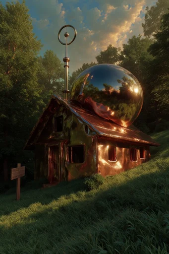 Luminous Metallic Surrealism style reference image — reflective metallic textures