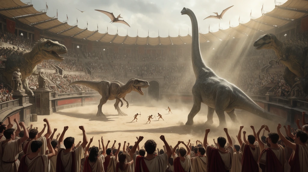 cheering foreground crowd in Roman tunics, massive dusty amphitheater arena, gigantic sauropod rearing up facing a huge bipedal theropod, tiny gladiators fighting colossal dinosaurs, packed stone seating, giant dinosaur statues, soaring pterosaurs, epic historical fantasy concept art, wide dramatic perspective, god rays cutting through atmospheric dust