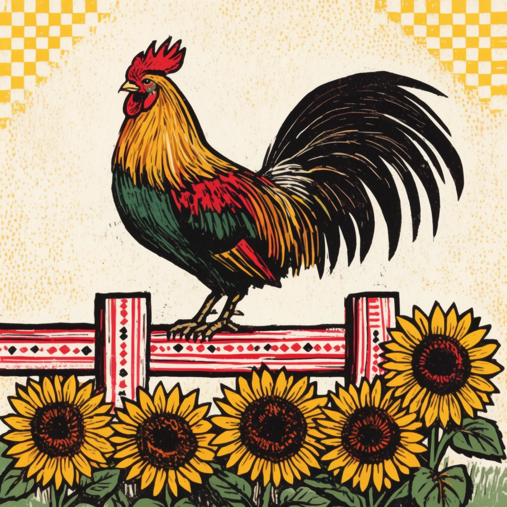 vibrant folk art block print of a rooster perched on a wooden fence, rooster in profile with red comb, golden neck feathers, dark green breast, sweeping black tail, foreground row of five blooming sunflowers with dark centers and green leaves, red and white striped fence featuring small geometric motifs, textured cream background with subtle stippling, yellow checkerboard grid accents in upper corners, bold black outlines, linocut illustration technique, rustic high-contrast aesthetic