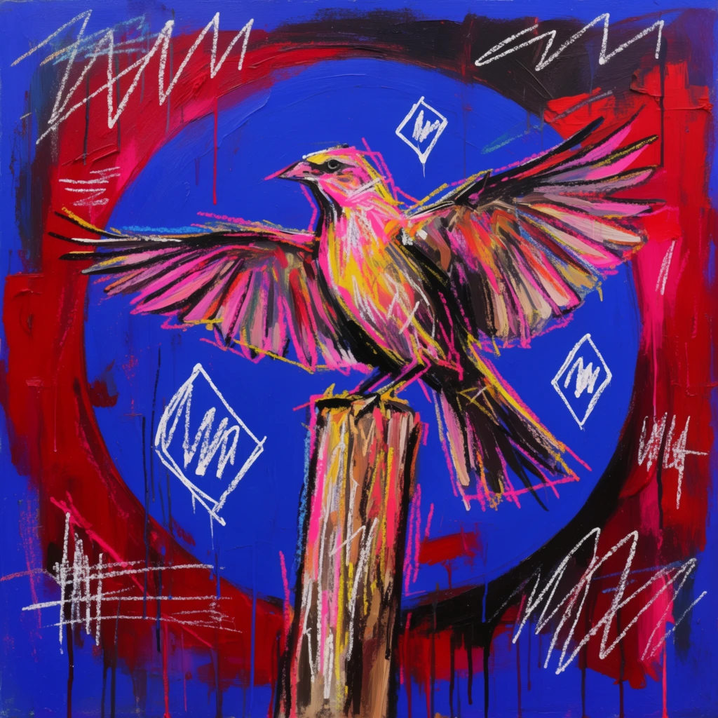A bird with widely spread wings perched on a textured wooden post against a large, prominent circle is rendered in a frenetic, neo-expressionist mixed-media painting style. The avian subject and the vertical post are constructed from raw, chaotic brushstrokes and crude oil pastel scribbles in vibrant hot pinks, bright yellows, and stark blacks. The massive central circle serves as a bold geometric anchor, surrounded by an intense, flat cobalt blue background that is abruptly interrupted by thick, heavy washes of crimson and deep red paint. Stark white, graffiti-like scrawls, including jagged zig-zags, erratic hatch marks, and floating diamond shapes with internal scribbles, overlay the heavily layered composition. The canvas is intensely textured with thick impasto applications and prominent paint drips running vertically down the surface, exhibiting a vivid, high-contrast outsider-art aesthetic characterized by energetic, unrefined manual execution.