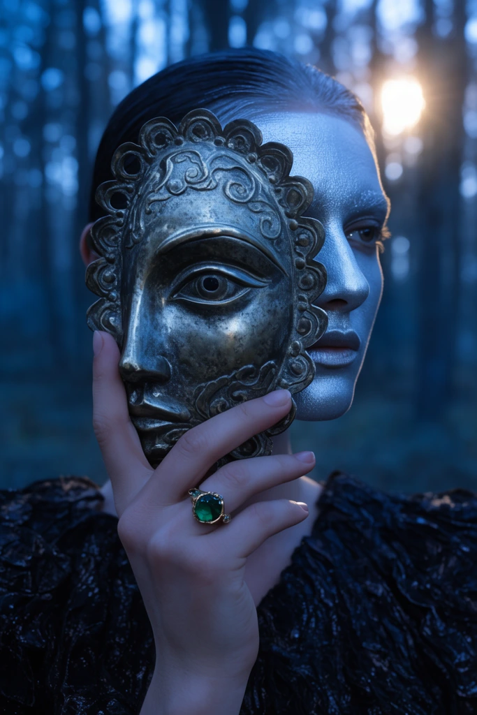 A figure with silver face paint holds an ornate metal mask featuring a sculpted eye over their face. A hand wearing a green gemstone ring grips the scalloped edges. They wear a textured dark garment set against a cool blue twilight forest background with blurred sunlight filtering through the trees.