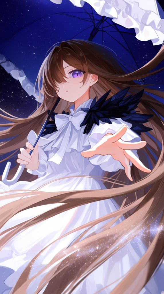 young anime girl floating in a starry night sky, extremely long flowing brown hair sweeping across the frame, single visible purple eye, ruffled white dress with a bow collar, dark feather shoulder accents, open deep blue umbrella with white frills, hand reaching forward in foreshortened perspective, glowing stardust, dynamic low-angle composition, ethereal digital painting