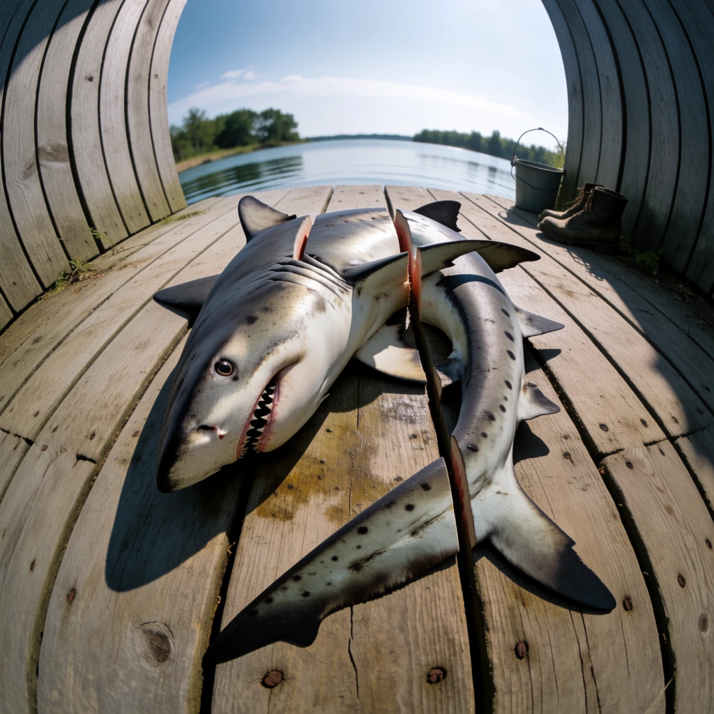 extreme cylindrical anamorphic spatial warp, one large shark divided into three vertical segments resting on weathered rustic wood planks, space-folding perspective curving the floor upward into a vaulted sky, high-key natural daylight with soft diffused highlights, hyper-realistic textures, clean clinical surrealism, 180-degree vertical curvature, dreamlike atmosphere, crisp foreground focus, minimalist color palette of cool greys and warm timber tones.