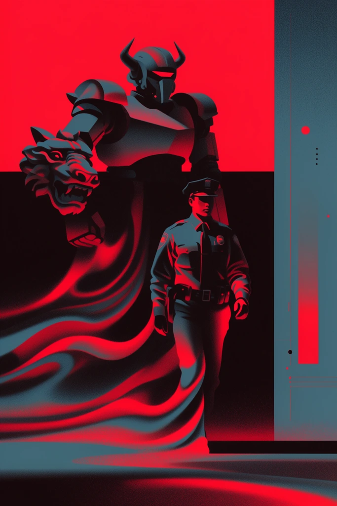 A large armored mechanical figure with horns and a beast head on its right arm towering behind a man in a police uniform walking forward, rendered in a stark, retro-futuristic graphic illustration style with dense stippled grain. The lower forms of both figures dissolve seamlessly into smooth, flowing, liquid-like abstract waves swirling with vivid fluorescent red and dark teal. Dramatic, highly stylized lighting sculpts the subjects, creating smooth gradients that shift from cool slate blue to intense neon red against heavy, pure black shadows. The background consists of flat, hard-edged geometric color blocks, split horizontally into a solid neon red upper section and a deep black lower section. A vertical muted teal panel occupies the right edge, overlaid with minimal graphic design elements including a vertical fading neon red rectangle, tiny dots, and thin structural lines. The entire composition utilizes a strict, high-contrast three-color palette with a heavy risograph-style screen-printed texture, creating a surreal, deeply atmospheric aesthetic.