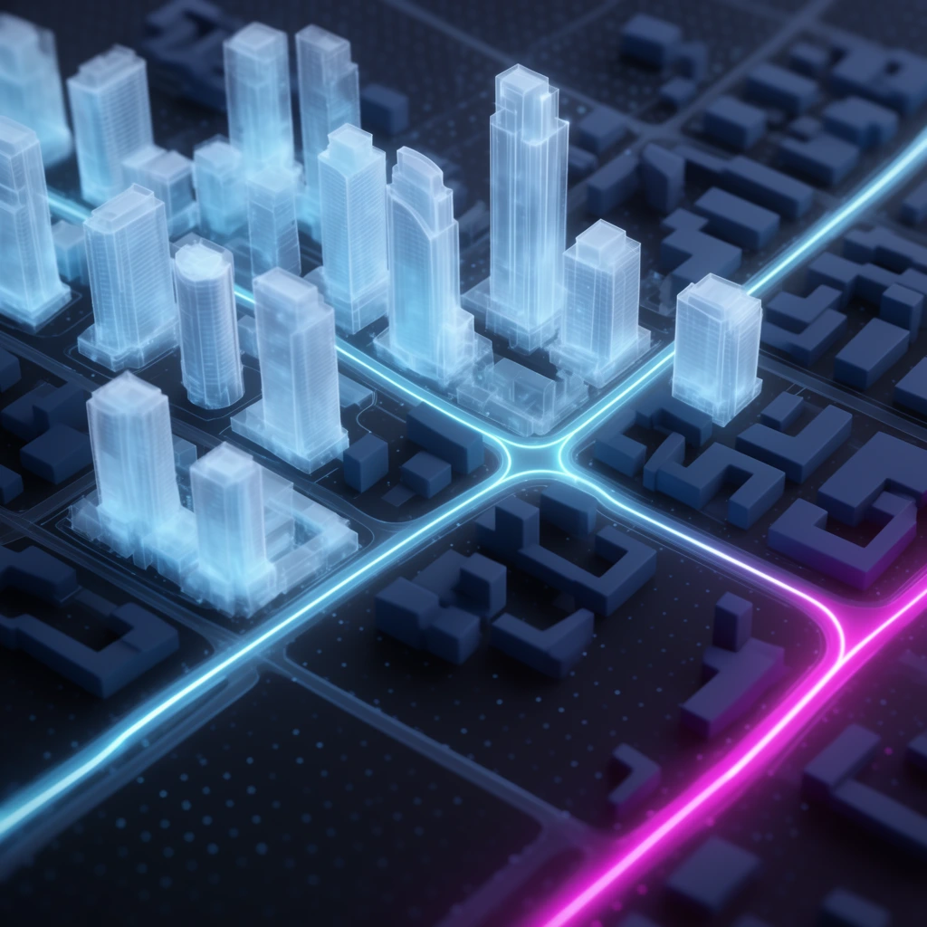 3D holographic city map, glowing translucent light blue skyscrapers, dark matte blue low-rise building blocks, dark background with a subtle luminous dot grid, bright cyan glowing pathway line curving through streets, vibrant magenta neon line on the lower right, angled top-down perspective, sci-fi digital interface aesthetic, shallow depth of field with blurred outer edges, high-tech tactical visualization, smooth glass-like structural textures emitting soft volumetric light
