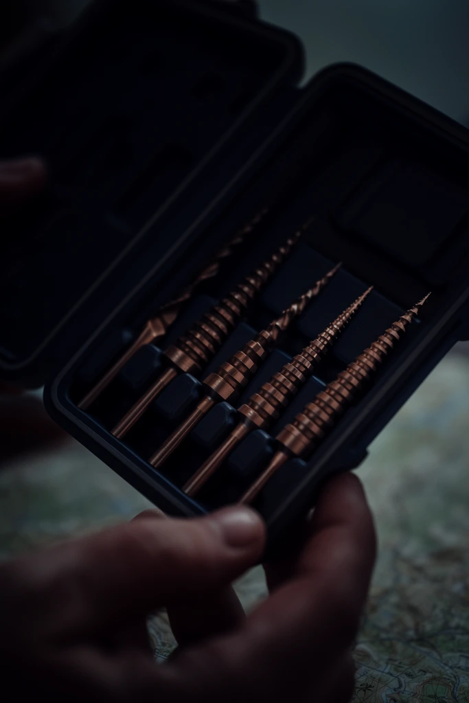 A close-up, dimly lit view of hands holding open a dark hard-shell case containing four metallic conical step drill bits. The specialized tools are arranged diagonally within custom-molded slots, featuring a warm bronze and copper sheen that highlights their ribbed, terraced surfaces and sharp pointed tips. The fingers grip the lower edge of the matte black container, adjusting its position over a blurred surface where soft details of a topographical map are visible in the ambient light. Shot with a cinematic shallow depth of field, the composition focuses sharply on the central metallic cones while the surrounding dark casing and background melt into heavy shadows, emphasizing the tactile contrast between the polished metal and the soft fingertips.