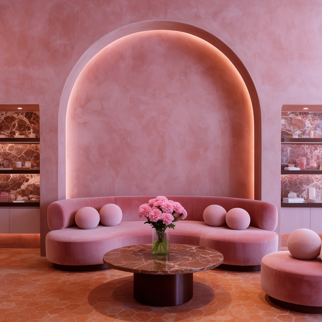 modern interior lounge, large arched alcove, textured dusty rose plaster walls, curved pink velvet sofa, spherical pillows, round brown marble coffee table, pink flowers, terracotta floor, display shelves with marble backing, recessed lighting, monochromatic pink palette, soft ambient glow