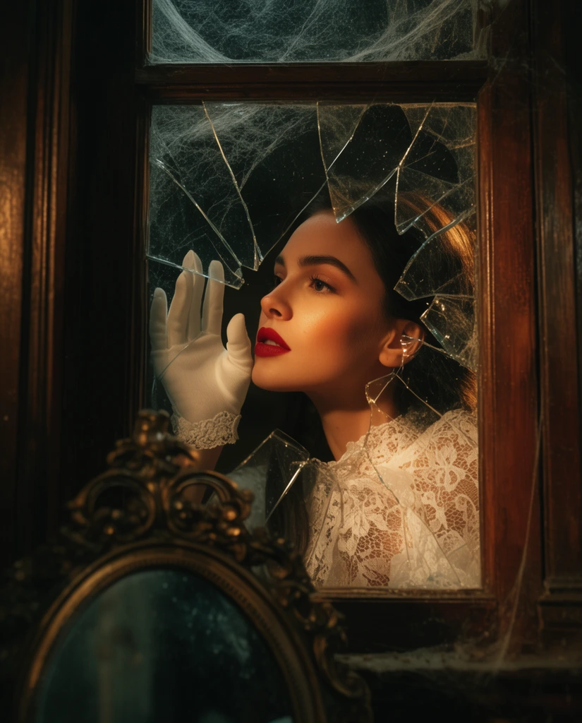 A woman with red lipstick peers through a shattered, cobweb-covered wooden window pane. Wearing white lace, she holds a gloved hand near her cheek. Warm, cinematic lighting highlights her profile against a dark, moody interior, with an ornate mirror frame in the lower foreground.