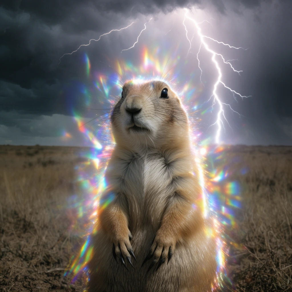 Prairie dog standing upright in a dry grassy plain, massive white lightning bolt striking behind the animal from a dark stormy sky, intense holographic rainbow flares enveloping the creature, glowing prismatic aura, vivid chromatic aberrations, surreal photorealistic composite, eye-level perspective, muted earth tones contrasting with brilliant spectrum light leaks, cinematic wildlife photography infused with magical glowing effects