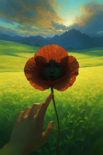 Surreal Pastoral Impressionism style reference image — monumental natural forms