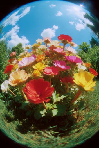 Vivid Fisheye Nostalgia style reference image — harsh sun-drenched lighting