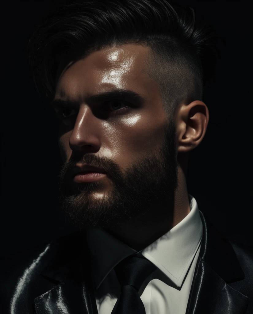 A dramatic low-key studio portrait of a bearded man gazing intensely off-camera. He wears a dark reflective suit, white shirt, and black tie. Strong directional lighting creates striking chiaroscuro, highlighting his undercut hair, facial sheen, and sharp features against a solid pitch-black background with high contrast and sharp focus.
