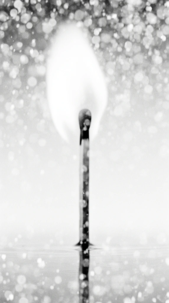 A single upright matchstick stands vertically with a large, voluminous flame encompassing its head, rendered in a heavily blurred, high-contrast monochrome photographic style. The matchstick forms a soft-edged, dark silhouette against a pale, washed-out gradient background, while the surrounding flame glows as a bright, diffused white mass with hazy, undefined borders. The entire scene is heavily obscured by a dense layer of falling white particulates, creating a thick pattern of overlapping, soft-focus bokeh circles of varying sizes across the foreground and background. The matchstick rests on a smooth, glossy surface that mirrors a dark, blurred vertical reflection directly beneath the wooden stick. The composition is characterized by extreme soft focus, coarse film grain, and a degraded, lo-fi aesthetic with ethereal, blown-out lighting.
