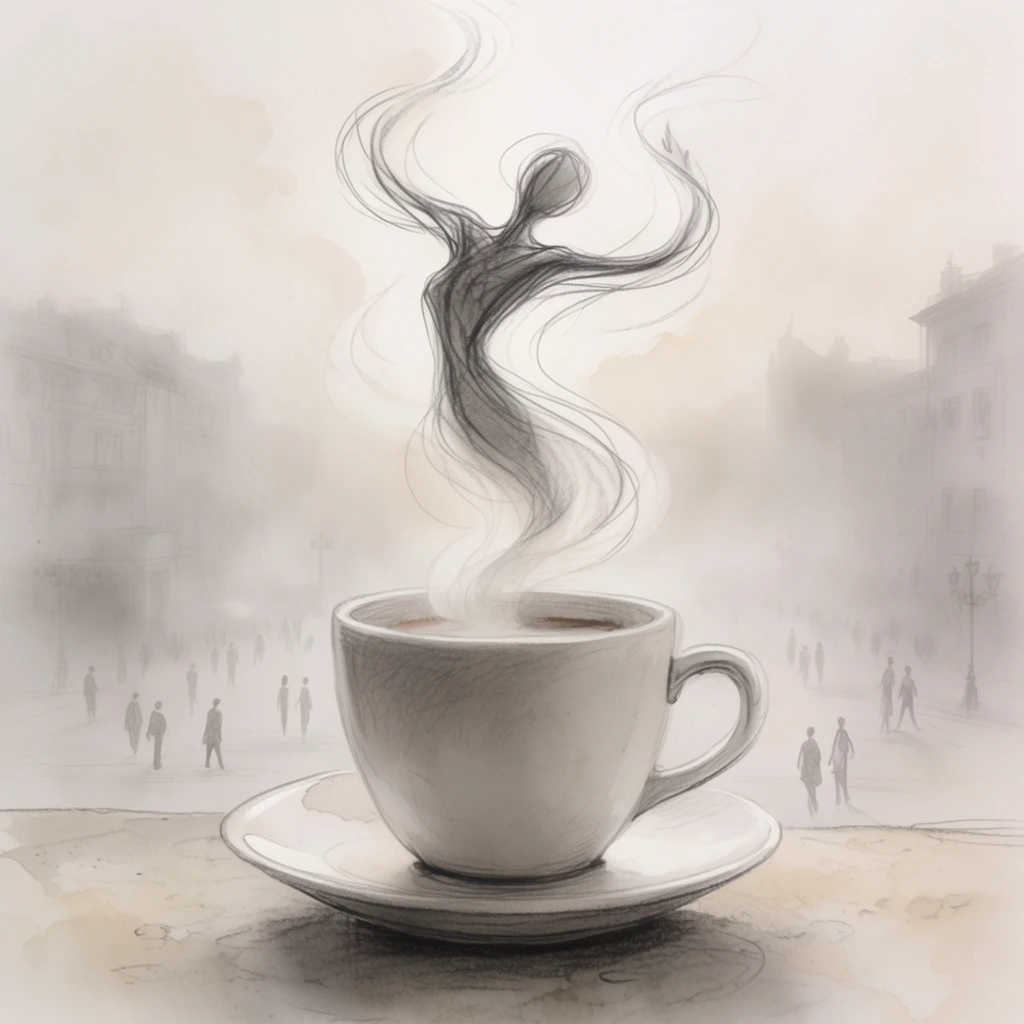 large coffee cup on a foreground ledge, swirling steam rising to form an abstract dancing figure, vapor drawn with fluid charcoal lines, hazy background of a city plaza, tiny silhouetted pedestrians, muted architectural outlines, thick atmospheric fog, surreal sketch illustration, soft pencil shading mixed with faint beige watercolor washes, monochromatic pale warm gray palette, dreamlike lighting