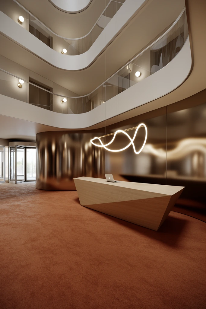 A modern building atrium features a highly reflective, bronze-toned metallic curved wall. An asymmetrical light-wood geometric reception desk sits on a textured rust-colored carpet, holding a sleek silver laptop. A glowing, continuous-loop abstract light fixture hangs above the desk. The upper levels display multi-tiered curved balconies with white fascia, glass railings, and spherical wall sconces. A glass revolving door glows with daylight in the background left. The architectural rendering highlights warm corporate minimalism, wide-angle perspective, sweeping curves, and rich contrasts between polished metal and matte terracotta flooring.