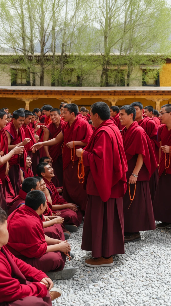 large group of monks in vibrant maroon robes, gathered in a bright gravel courtyard, dynamic social interactions, standing figures gesturing with orange prayer beads, seated figures smiling, traditional building with yellow walls and green budding trees in background, natural daylight, candid documentary photography, sharp focus