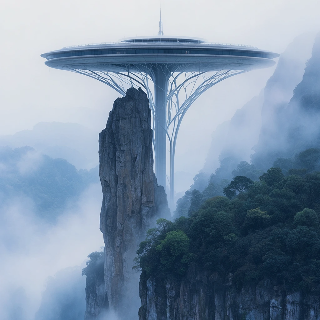 towering futuristic observation deck with a wide flat circular top, central column supported by delicate branching struts, rising behind a massive vertical jagged rock pillar, sheer cliff face covered in dense green trees, thick atmospheric white fog obscuring distant mountains, ethereal misty environment, cool blue and gray color palette, immense scale, high altitude perspective, photorealistic landscape, soft diffused lighting