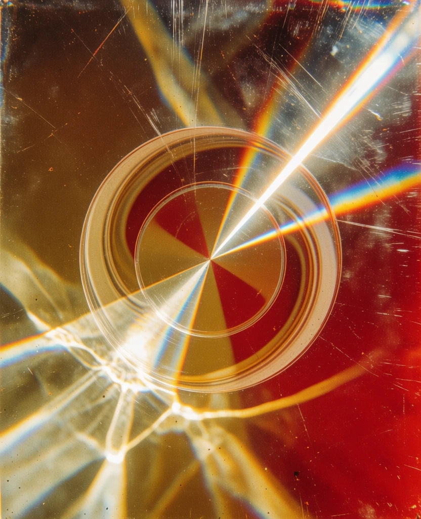 graphic central circle with concentric swirling rings and kinetic lines, viewed through a heavily scratched translucent acrylic plate creating a sharp diagonal light streak and prismatic refraction, rendered in a high-contrast palette of ochre and deep crimson, saturated with heavy analog film grain and gritty texture, featuring intense specular highlights and caustic light patterns, evoking a tactile 1970s experimental cinematic aesthetic with layered optical distortion