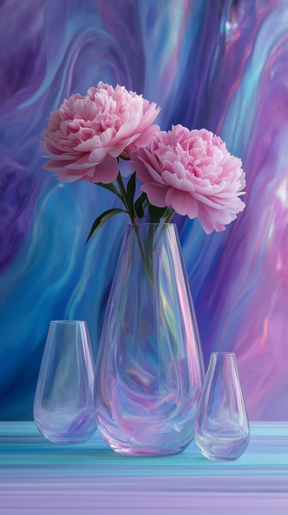 Two large pink peonies bloom from a tall translucent teardrop glass vase, accompanied by two smaller empty glass vessels. They rest on a smooth surface of horizontal cyan and lavender streaks against an abstract background of flowing vertical swirls in luminous blue, violet, and magenta. The glass heavily refracts the background's liquid-like colors, creating an ethereal still life illuminated by soft diffused lighting with a seamless, dreamlike integration of foreground and background.