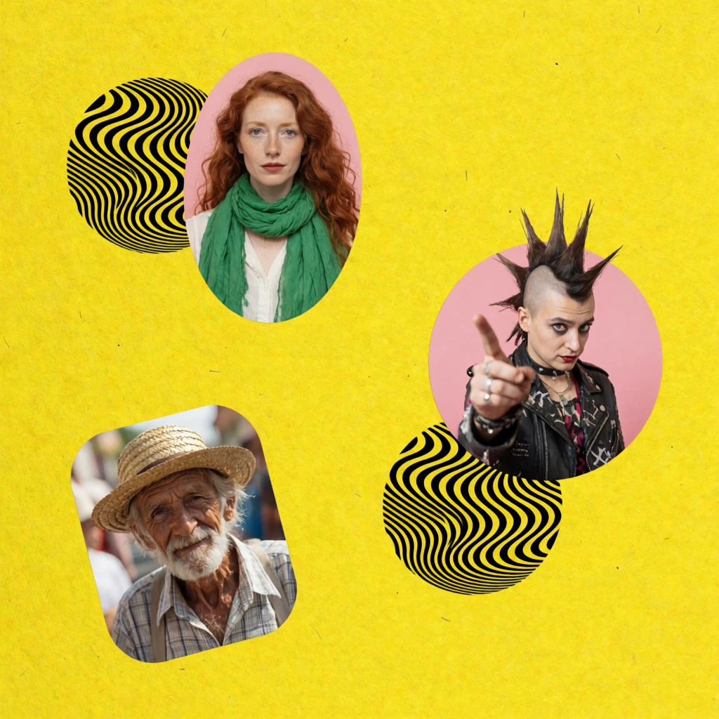 Bright yellow graphic design collage, textured paper background, three scattered photographic cutouts, top oval framing a red-haired woman in a green scarf, right circle featuring a mohawked punk pointing a finger, bottom left tilted frame showing an elderly man in a straw hat, abstract black wavy optical illusion circles, pop-art mixed media layout