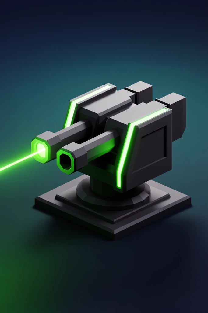 isometric 3D low-poly double-barreled gun turret, firing a glowing neon green laser beam from the left barrel, blocky geometric design, dark grey matte finish, flat square base, minimalist gradient dark teal to navy blue background, bright green emissive rim light reflecting on the turret side, sharp cast shadows, clean edges, soft studio lighting