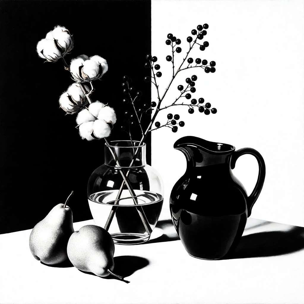 A high-contrast black-and-white still life painting of a glass vase holding cotton stalks and berry branches, paired with a glossy dark pitcher. Two starkly shaded pears rest on a white surface against a vertically split black and white background, creating a bold graphic composition with flattened depth.