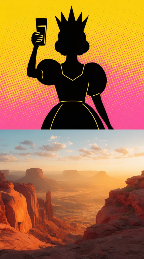 A horizontally split composition juxtaposing a pop-art illustration above a photorealistic landscape. The upper section features a stark black silhouette of a woman wearing a five-pointed crown and a puff-sleeved dress, raising a rectangular glass. Thin yellow lines highlight her dress against a vibrant yellow-to-pink gradient background covered in a prominent magenta halftone dot pattern. The lower section presents a sweeping desert valley at golden hour. Deep orange and red rocky cliffs frame the immediate foreground, overlooking distant flat-topped mesas bathed in a luminous, atmospheric golden haze under a soft blue sky speckled with small clouds.