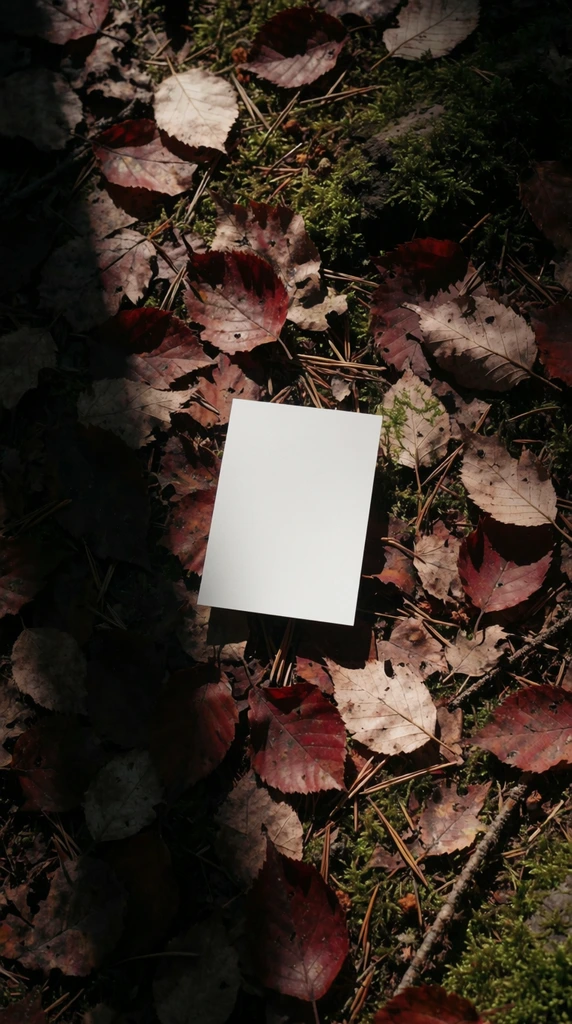 A stark white rectangular card rests flat atop a textured forest floor layered with brittle autumn leaves in shades of rust, maroon, and pale tan. Patches of vibrant green moss, scattered dry pine needles, and slender twigs intermingle with the decaying foliage. High-contrast, dappled sunlight strikes the ground, casting deep, heavy shadows across the left side of the scene. The direct top-down perspective emphasizes the sharp contrast between the smooth, bright geometry of the paper and the chaotic, organic woodland debris beneath it, captured with a moody, naturalistic photographic style.