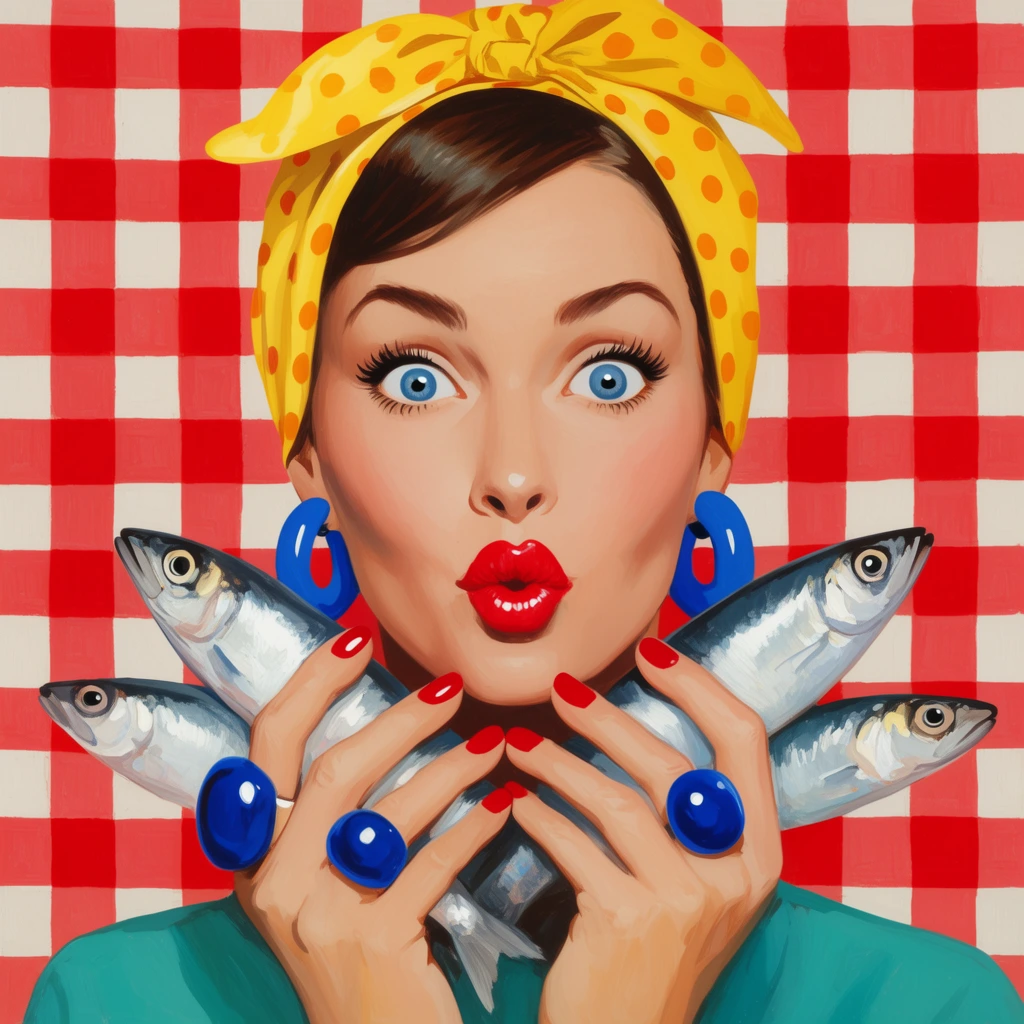 retro pop-art portrait of a woman delicately holding four silvery fish framing her chin, wide blue eyes, glossy puckered red lips, yellow polka-dot bandana, chunky blue hoop earrings, large blue rings, red nail polish, teal shirt, flat red and white gingham background, vibrant primary colors, smooth painterly illustration