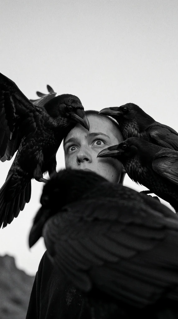 close-up black and white photograph of a young person with a shaved head crowded by large black ravens, claustrophobic framing, intense tense expression, wide eyes looking upwards and slightly left, raven on the left with outstretched textured wing brushing the person's forehead, two ravens perched tight against the right side of the face, dark blurred mass obscuring the lower face and chest, stark high-contrast lighting, heavy film grain, minimalist pale overcast sky background, faint silhouette of rugged terrain in the bottom left corner, dramatic low camera angle, highly detailed feather textures, cinematic haunting atmosphere
