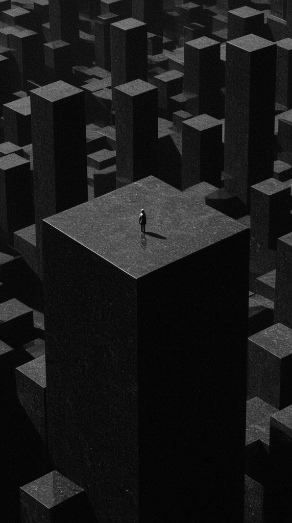 solitary tiny figure standing atop a colossal dark obsidian monolith, vast landscape of giant geometric pillars of varying heights, labyrinthine structural arrangement, stark black and white photography, high contrast, harsh dramatic lighting, deep shadows, heavy film grain texture, minimalist abstract composition, high angle perspective
