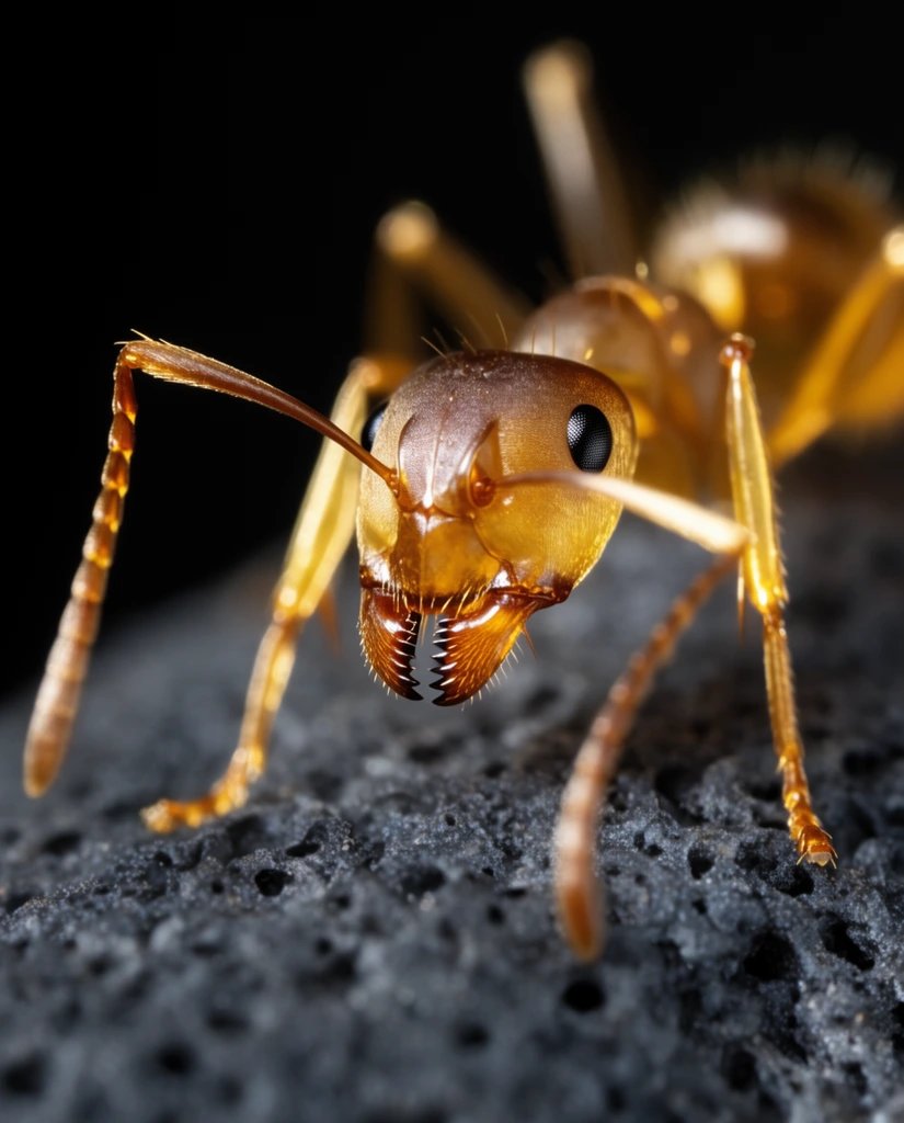 extreme macro photograph of a golden-brown ant facing the camera, translucent amber exoskeleton glowing under sharp lighting, sharp focus on mandibles and black eye, blurred antennae reaching downward, gripping a porous dark grey surface, pitch-black background, shallow depth of field