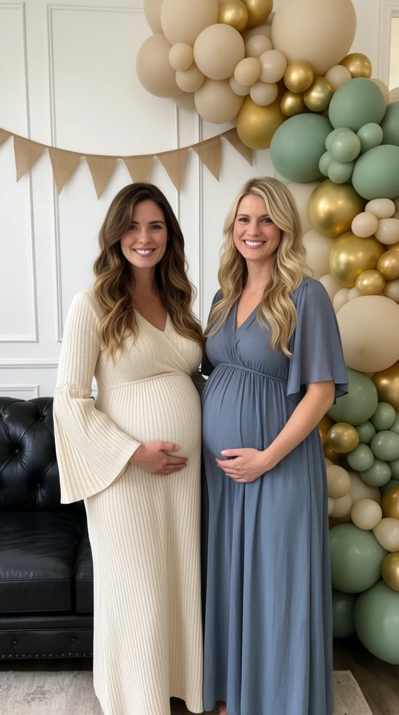 Two smiling pregnant women stand side-by-side in a room decorated for a celebration. The left woman features long wavy brown hair and a ribbed cream maternity dress with bell sleeves, her hand resting on her belly. The right woman has long blonde hair and wears a flowing slate blue maternity dress, also cradling her bump. The background includes a white paneled wall with a rustic burlap bunting banner. A voluminous cascading balloon garland in matte beige, gold, and sage green frames the right side. A black leather tufted sofa sits partially visible on the left under soft, even indoor lighting.